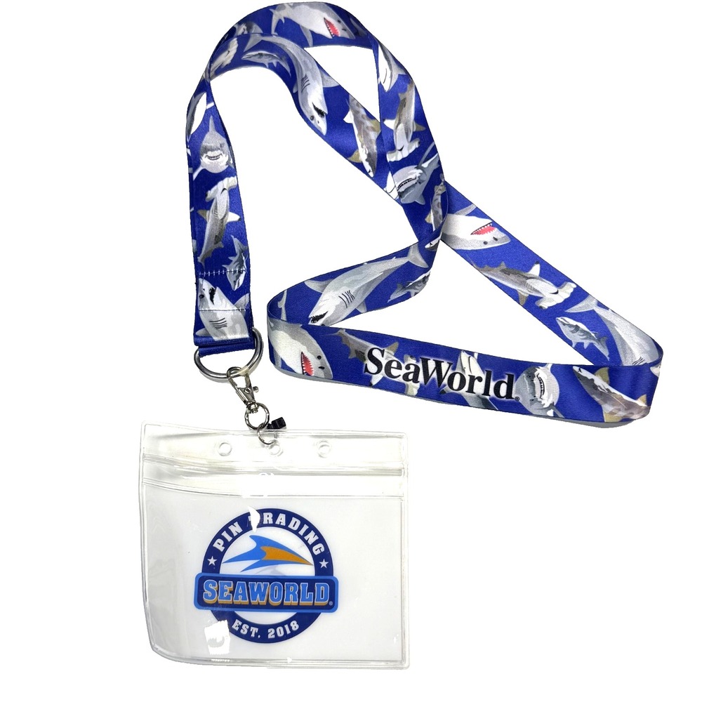 SeaWorld Shark Print Lanyard Clear ID Pouch Unisex One Size Pin Trading